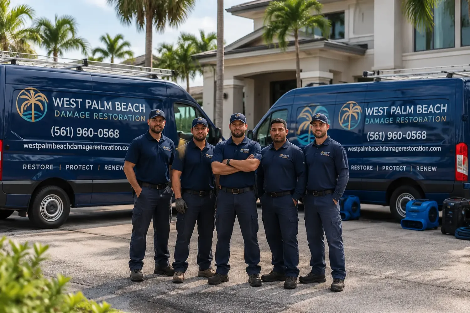 Restoration team standing beside branded service vans